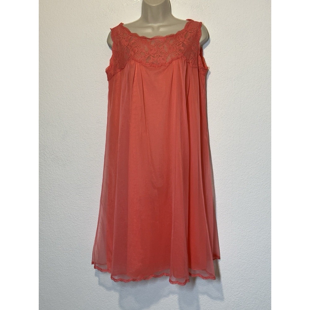 Vtg‎ 60s Gossard Artemis Orange Salmon Chiffon Babydoll Lace Detail Small